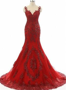 Picture of Wine Red Color Mermaid Long Party Dresses with Lace Applique, Wine Red Color Formal Dress